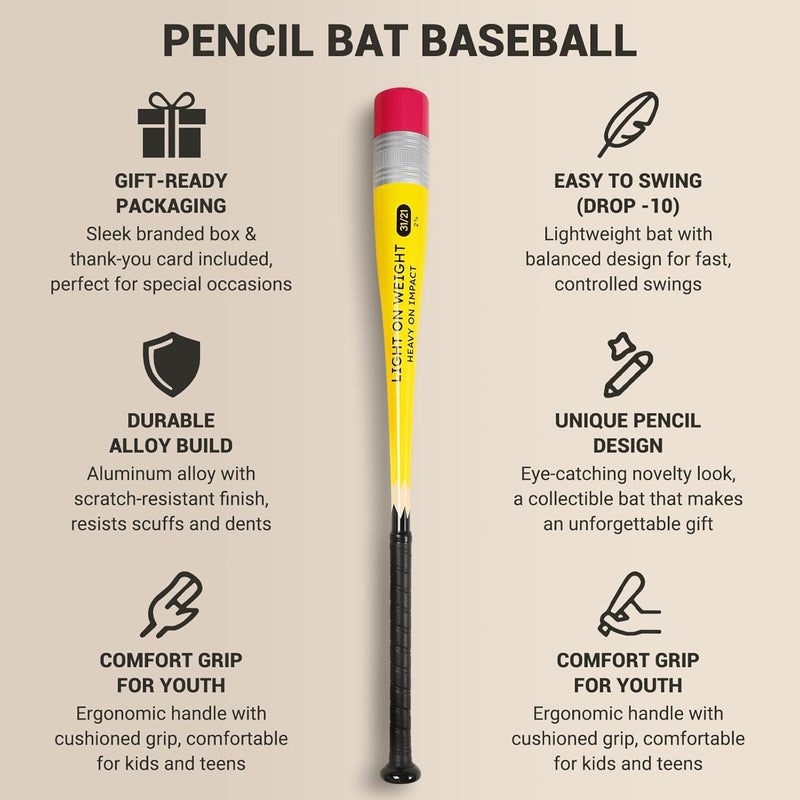 ELLEVORA Pencil Bat - Novelty Backyard Baseball Games Gift - Youth Metal Baseball Bat - 2 5/8" Aluminum Barrel with Balanced Weight and Durable Finish - Image 4